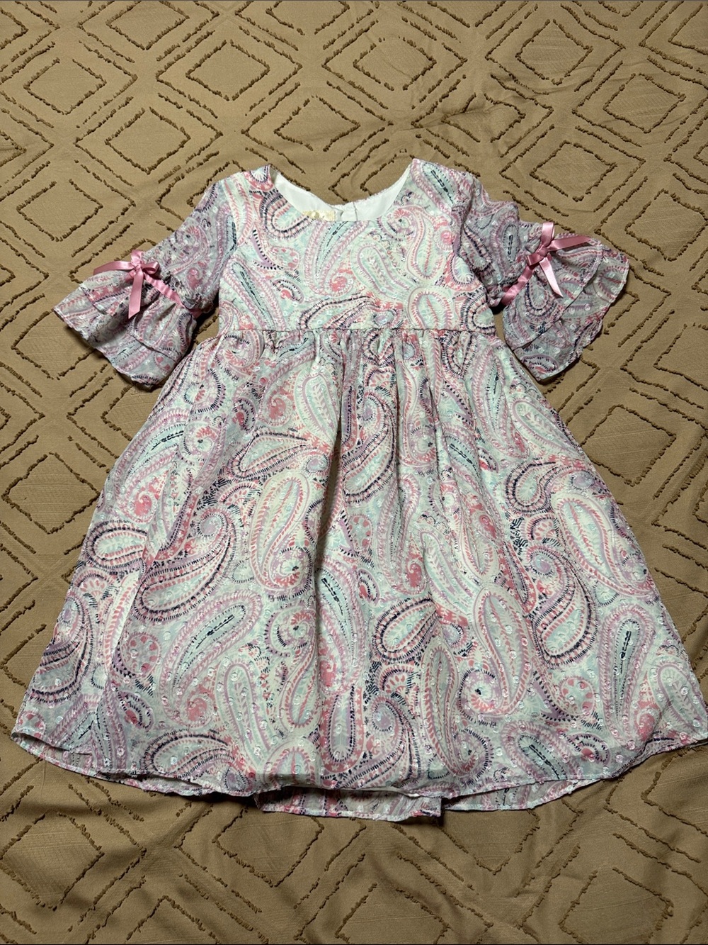 Laura Ashley Pink Paisley Bell-Sleeve Dress with Bow Details